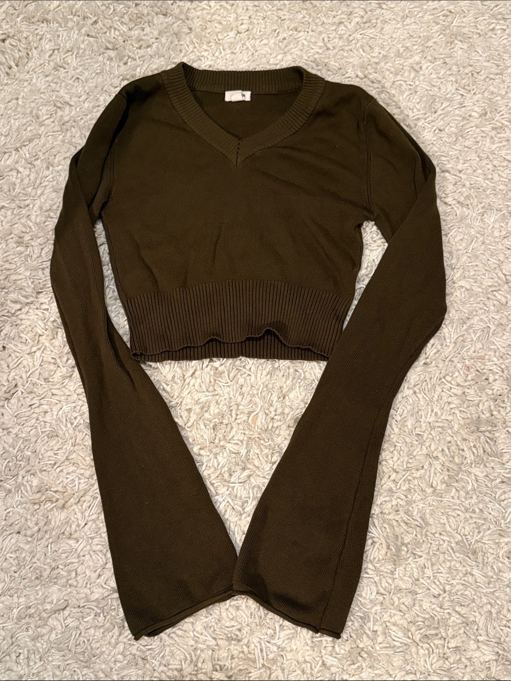 Garage Cropped V-Neck Long Sleeve Top - Dark Olive